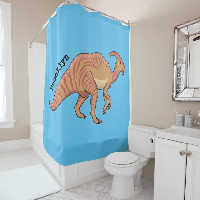 Cute parasaurolophus dinosaur cartoon illustration shower curtain (In Situ)
