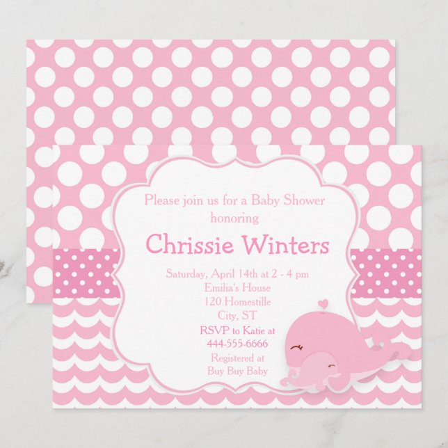 Cute Parent & Baby Whale Pink Girl Baby Shower Invitation (Front/Back)