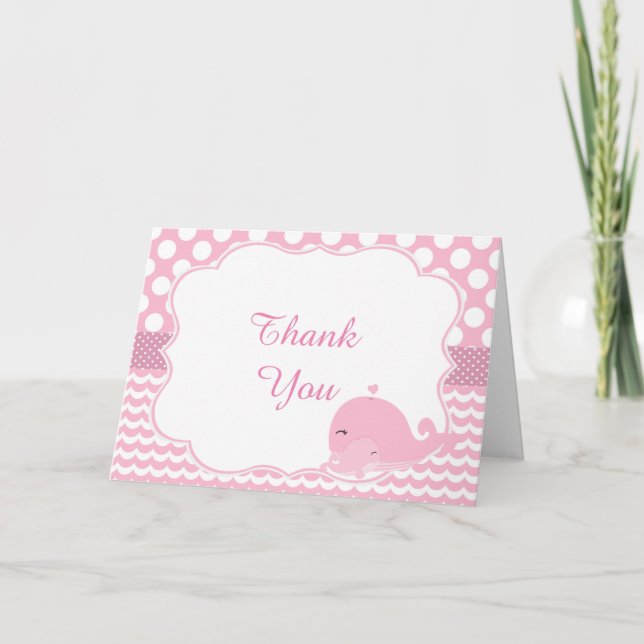 Cute Parent & Baby Whale Pink Girl Baby Thank You Card (Front)