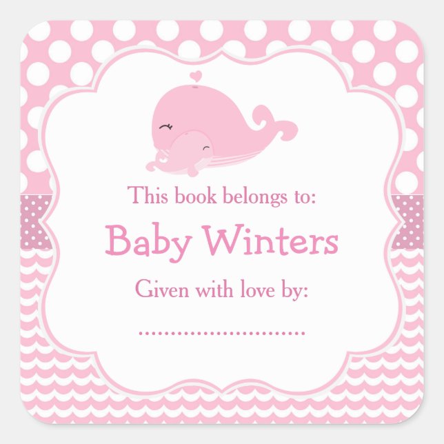 Cute Parent & Child Whale Pink Girl Bookplate Square Sticker (Front)