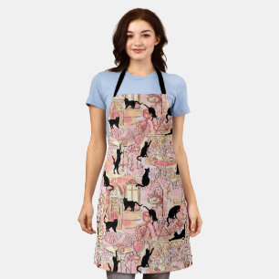Cute Paris Café Black Cats On Pink & Gold Pattern Apron