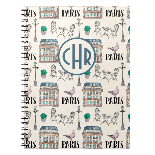 Cute Paris Street Scene | Watercolor Monogram Notebook (Front)