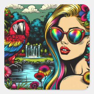 Cute Parrot and Beautiful Woman in Garden Square Sticker