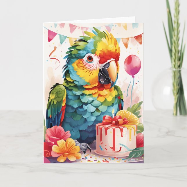 Cute parrot and cake, celebrating! | Card (Front)