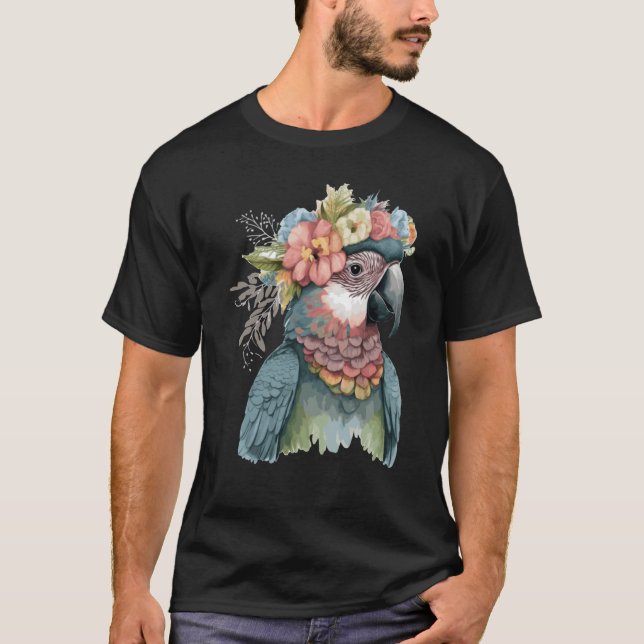 Cute Parrot Macaw Bird Flower Crown Pet Birds T-Shirt (Front)