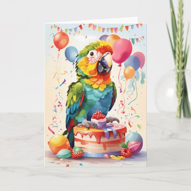 Cute parrot on cake celebrating! | Card (Front)
