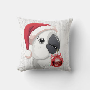 Cute Parrot Santa Hat Red Bow Red/White Christmas Cushion
