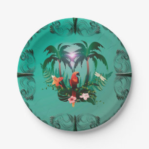 Cute parrot with flowers and palm paper plate