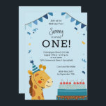 Cute Party Animal Boy 1st Birthday Invitation<br><div class="desc">This cute boy's 1st birthday party invitation features a giraffe in a party hat and a big birthday cake with blue celebration flags. Available as INSTANT DOWNLOAD,  PRINTED cards or order both!</div>