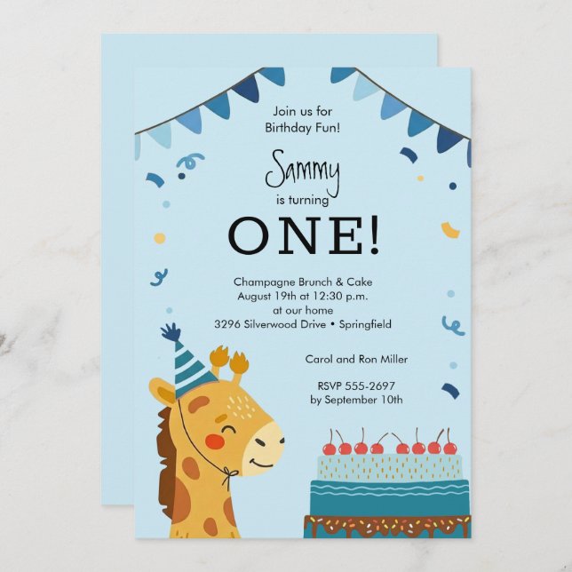 Cute Party Animal Boy 1st Birthday Invitation (Front/Back)