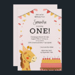 Cute Party Animal Girl 1st Birthday Invitation<br><div class="desc">This cute girl's 1st birthday party invitation features a giraffe in a party hat and a big birthday cake with pink and yellow celebration flags. Available as INSTANT DOWNLOAD,  PRINTED cards or order both!</div>