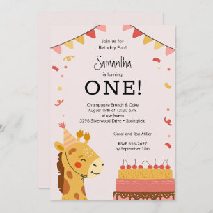 Cute Party Animal Girl 1st Birthday Invitation