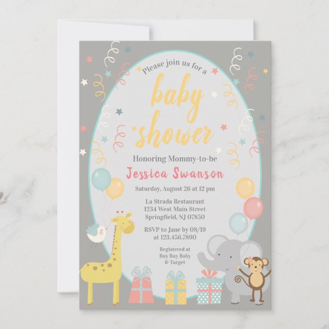 Cute Party Animals Baby Shower Invitation Yellow (Front)