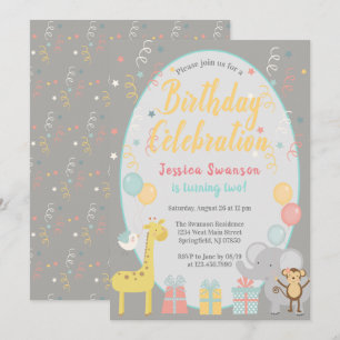 Cute Party Animals Birthday Celebration Yellow Invitation