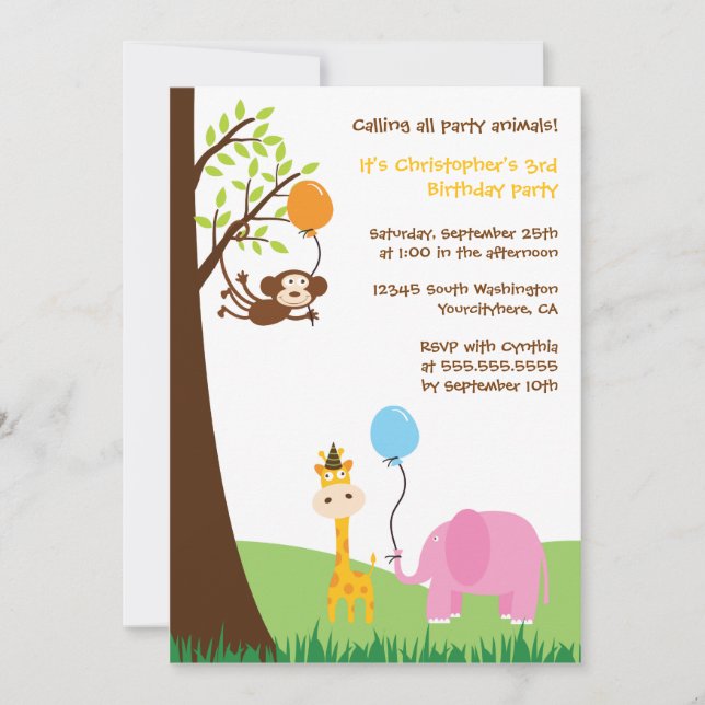 Cute party animals fun birthday party invitation (Front)