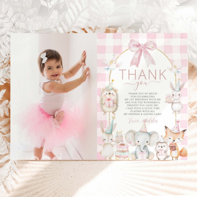 Cute Party Animals Fun To Be One 1st Birthday Pink Thank You Card (Creator Uploaded)