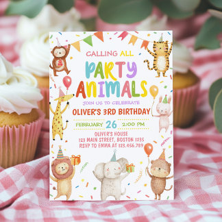 Cute Party Animals Kids Birthday Invitation