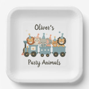Cute Party Animals on Train Personalised Paper Plate
