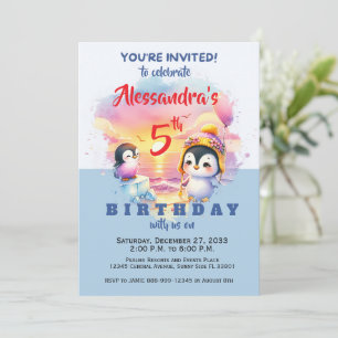 Cute Party Animals Penguin Kids Birthday Party Invitation