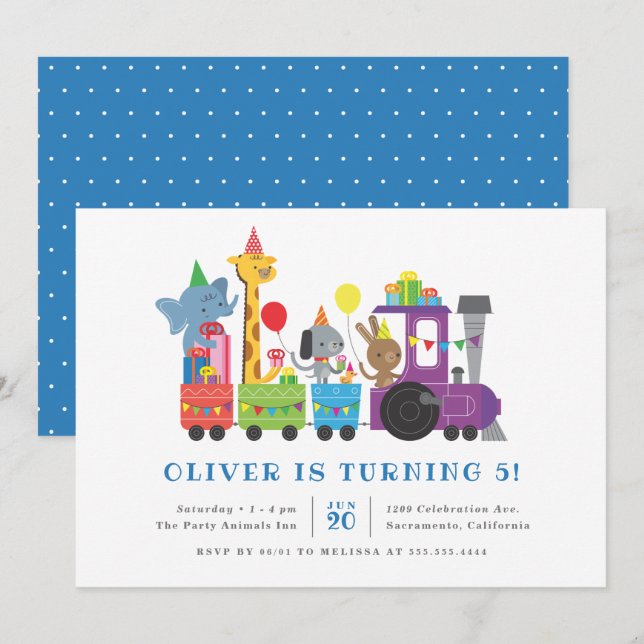 Cute Party Animals Train Kids' Birthday Party Invitation (Front/Back)