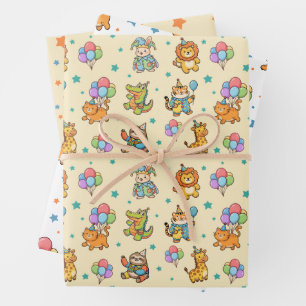 Cute Party Animals with Stars Kids Birthday Party Wrapping Paper Sheet