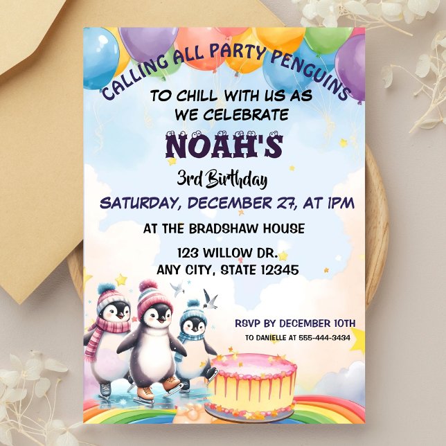 Cute Party Birthday Boy Watercolor Penguins  Invitation (Creator Uploaded)