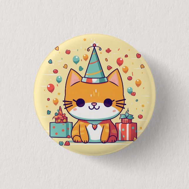 Cute party cat badge, pin, button (Front)