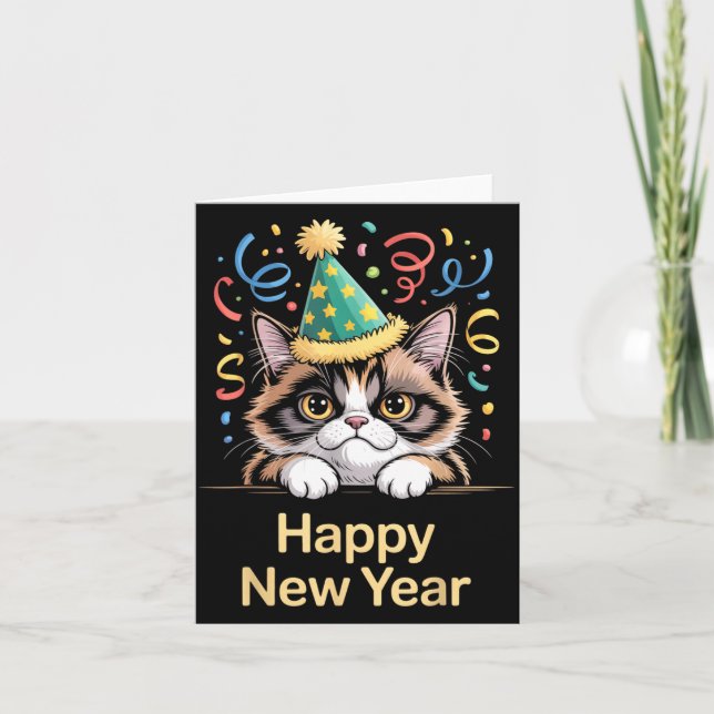 Cute Party Cat Happy New Year Funny New Year’s Eve Card (Front)