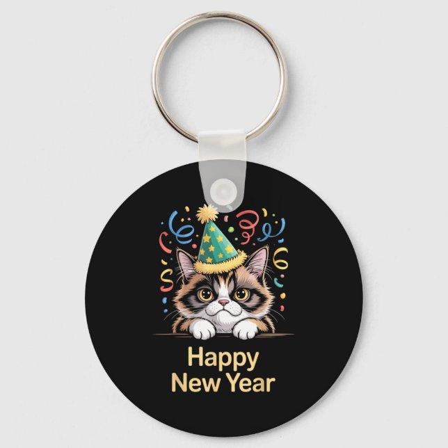 Cute Party Cat Happy New Year Funny New Year’s Eve Key Ring (Front)