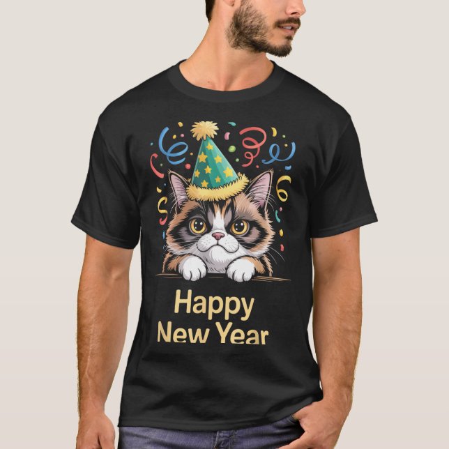 Cute Party Cat Happy New Year Funny New Year’s Eve T-Shirt (Front)