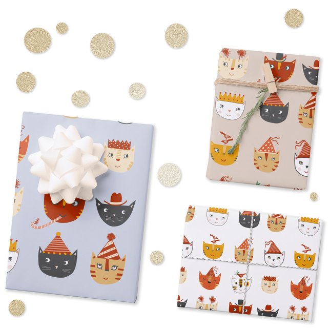 Cute Party Cat Wrapping Paper Sheet (Party cat fun gift wrapping paper sheets in three colors and scales)