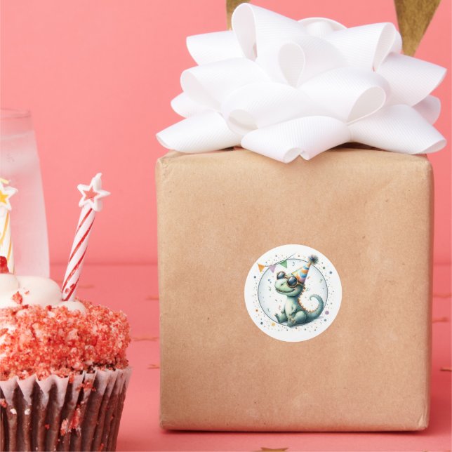 Cute Party Hat Dinosaur Birthday Favour Gift Classic Round Sticker (Party)