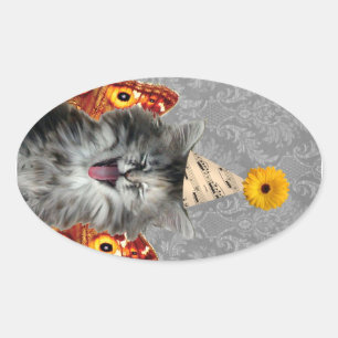 Cute party kitten on damask background oval sticker