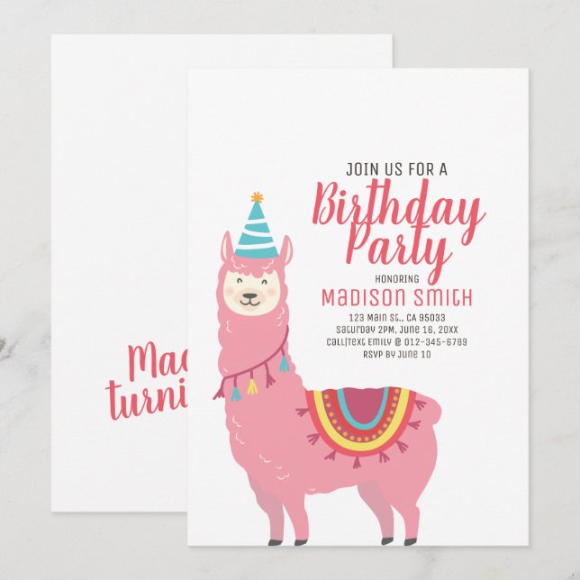 Cute Party Llama and Balloon Birthday Invitation (Front/Back)