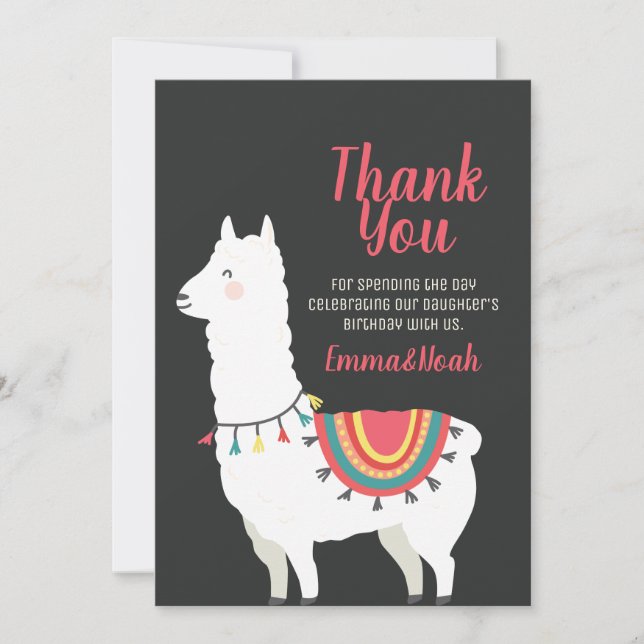 Cute Party Llama and Balloon Birthday Thank You Card (Front)
