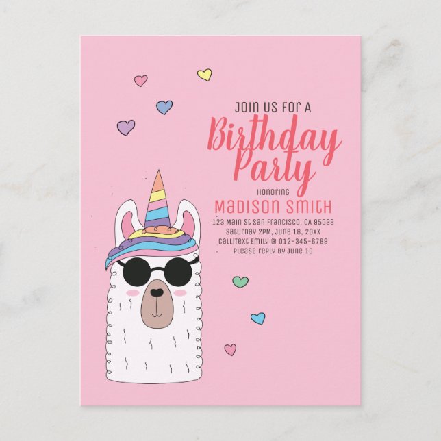 Cute Party Llamacorn Birthday Invitation Postcard (Front)