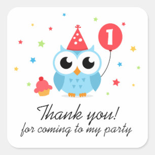 Cute party owl with balloon birthday thank you square sticker