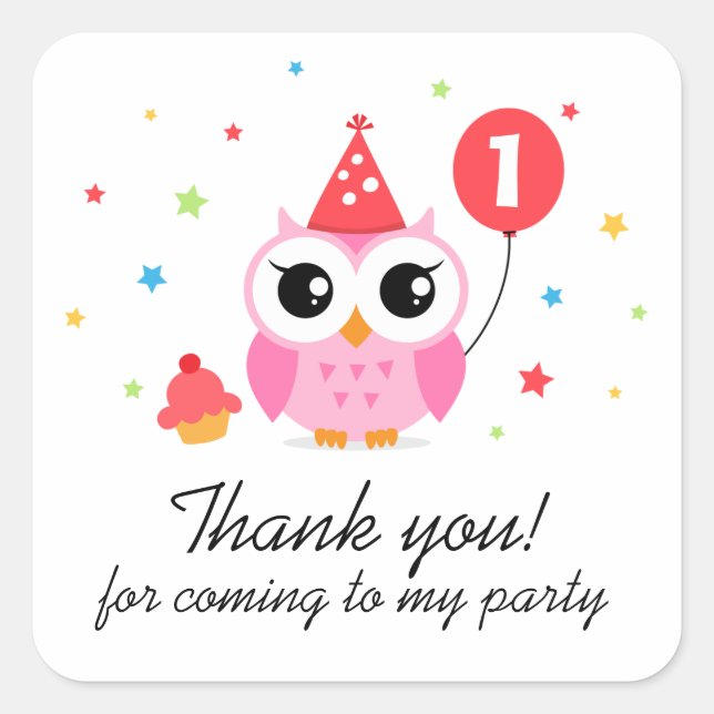 Cute party owl with balloon birthday thank you square sticker (Front)