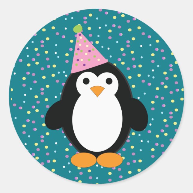 Cute Party Penguin Classic Round Sticker (Front)