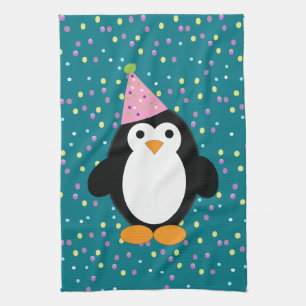 Cute Party Penguin with confetti pattern Tea Towel