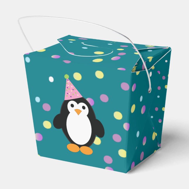 Cute Party Penguin with round confetti background Favour Box (Back Side)