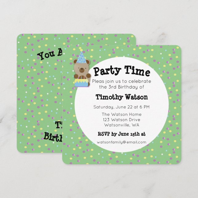 Cute Party Teddy Bear Birthday Party Invitation (Front/Back)