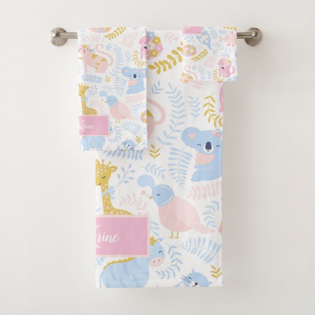 Cute Pastel Animal Monogrammed Girl Pink Bathroom Bath Towel Set (Insitu)