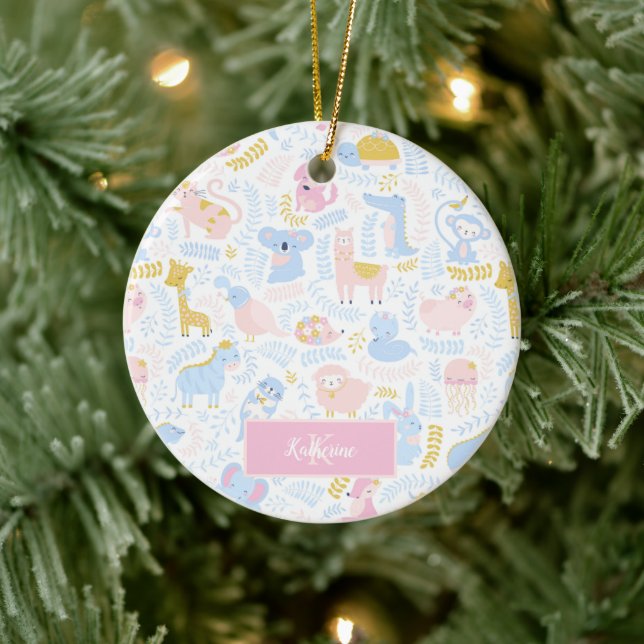Cute Pastel Animal Monogrammed Girl Pink Christmas Ceramic Tree Decoration (Tree)