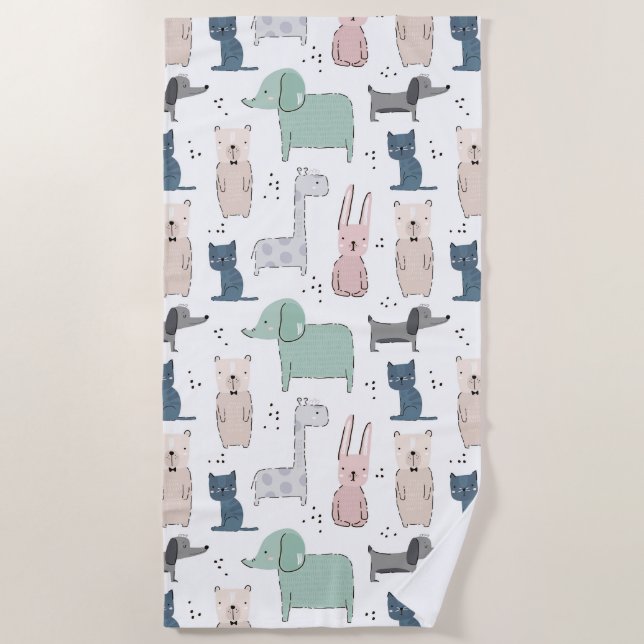 Cute Pastel Baby Animal Pattern Beach Towel (Front)