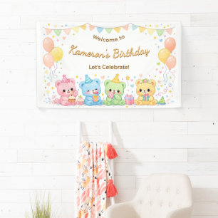 Cute Pastel Baby Bears Birthday Party Neutral Banner