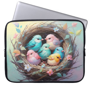 Cute Pastel Baby Birds in a Floral Nest Laptop Sleeve