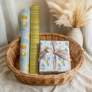 Cute Pastel Baby Boy Blue Elephant Stork Giraffe Wrapping Paper Sheet