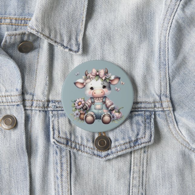Cute Pastel Baby Cow in Overalls with Flowers 7.5 Cm Round Badge (In Situ)
