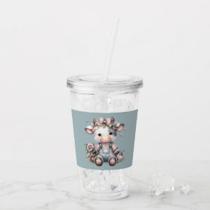 Cute Pastel Baby Cow in Overalls with Flowers Acrylic Tumbler